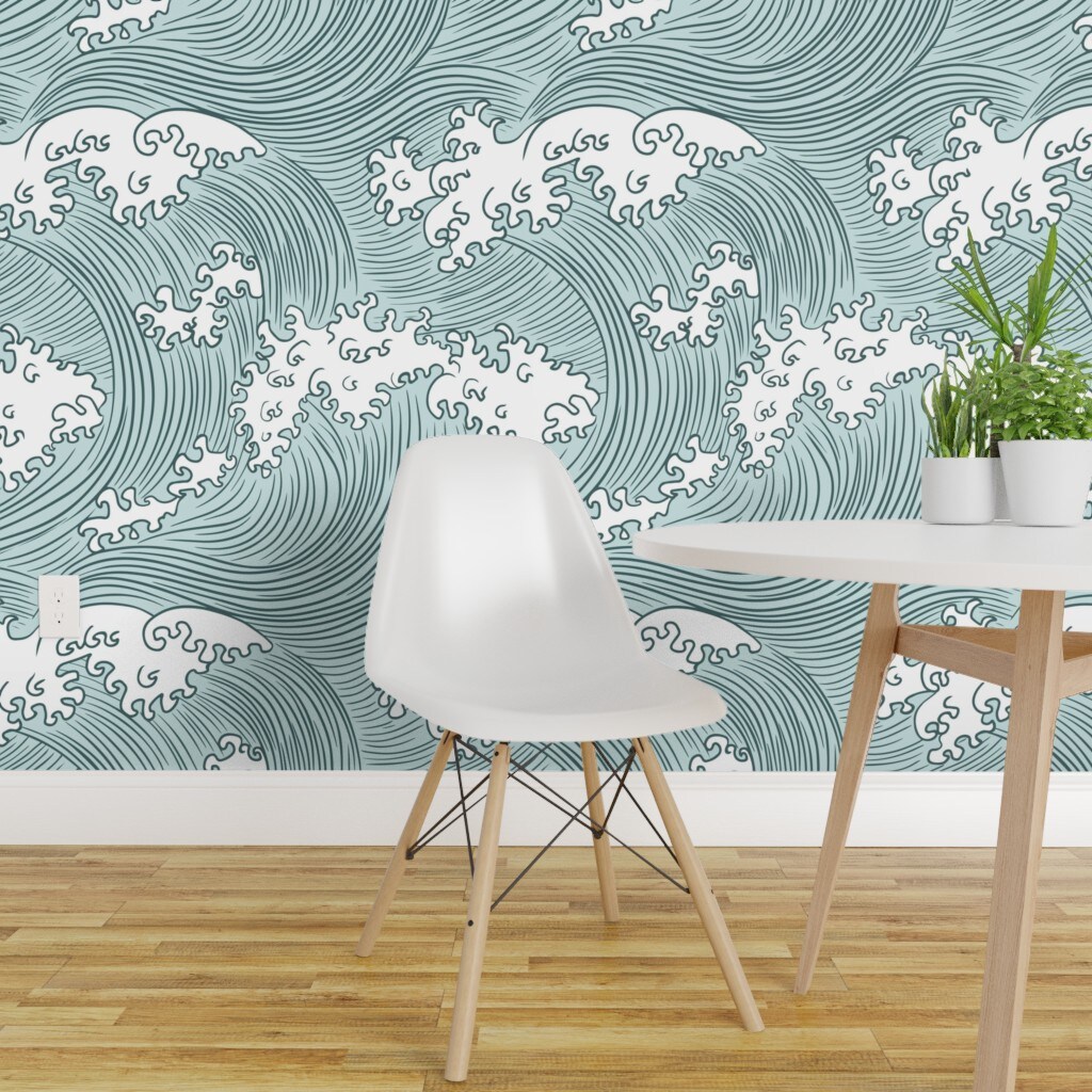 Peel &#x26; Stick Wallpaper 2FT Wide Rolling Waves Vintage Asian Chinese Japan Japanese Water Line Summer Doodle Sea Ocean Wave Custom Removable Wallpaper by Spoonflower