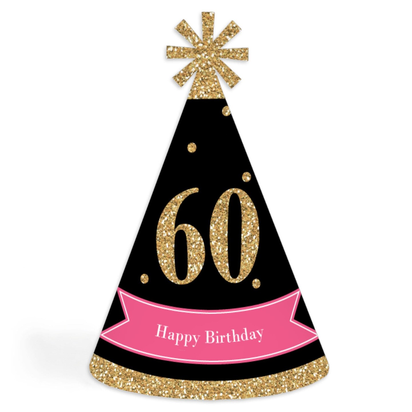 Big Dot of Happiness Chic 60th Birthday - Pink, Black and Gold - Cone Happy Birthday Party Hats for Adults - Set of 8 (Standard Size)