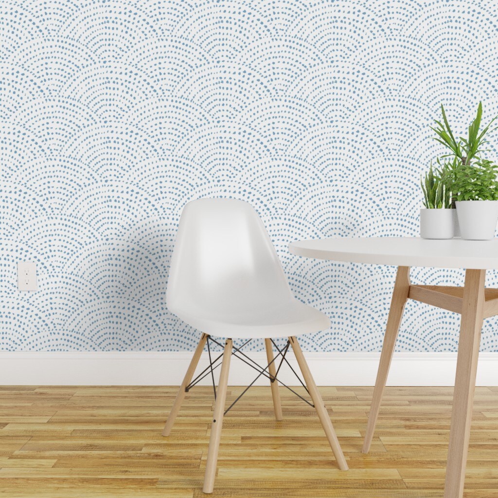 Peel &#x26; Stick Wallpaper 2FT Wide Blue Dotted Scales Scallop Grey Geometric Japanese Style Abstract Custom Removable Wallpaper by Spoonflower