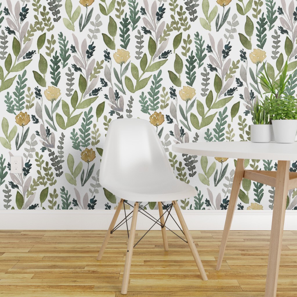 Pre-Pasted Wallpaper 2FT Wide Spring Leaves Green Botanical Modern Custom Pre-pasted Wallpaper by Spoonflower