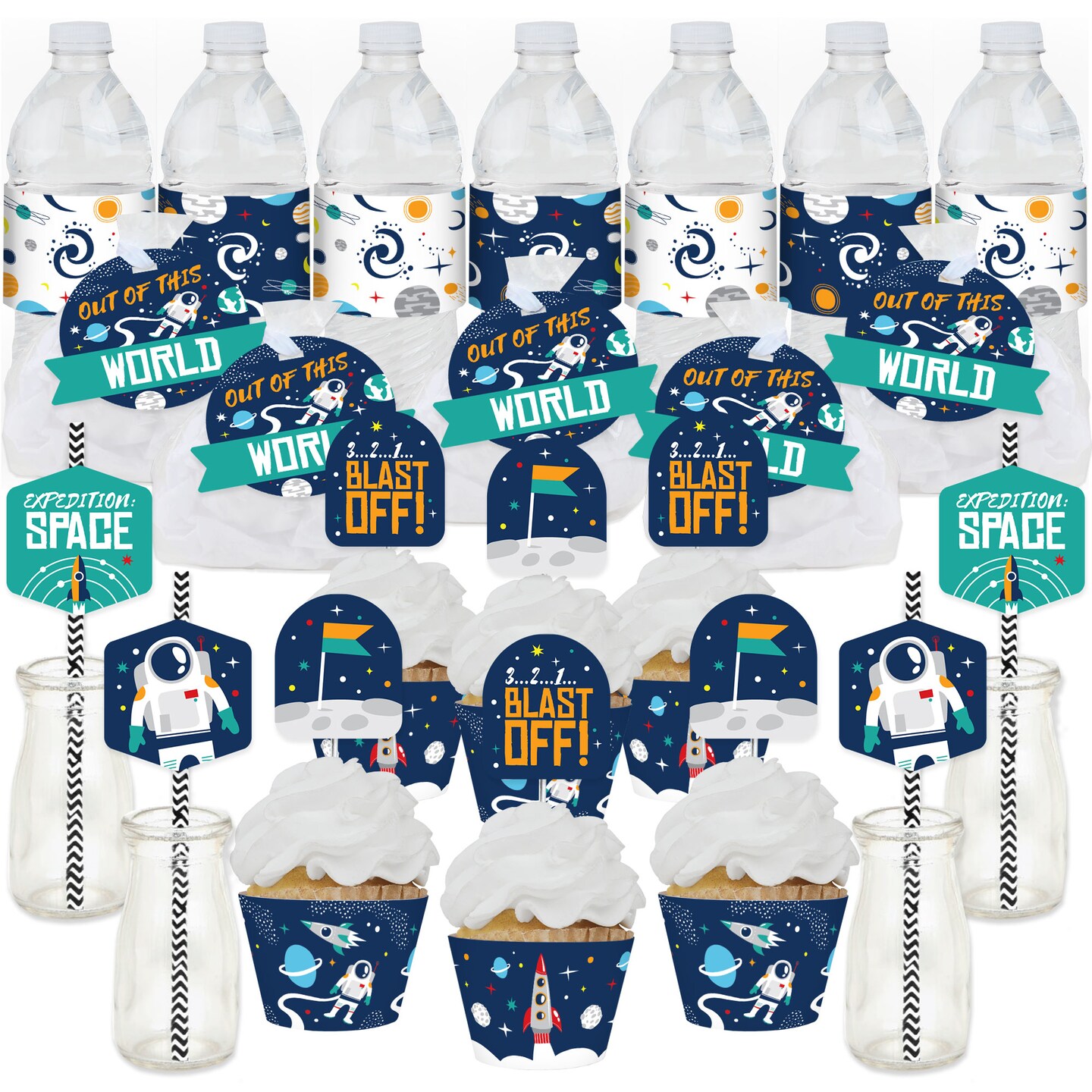 Big Dot of Happiness Blast Off to Outer Space - Rocket Ship Baby Shower or Birthday Party Favors and Cupcake Kit - Fabulous Favor Party Pack - 100 Pc