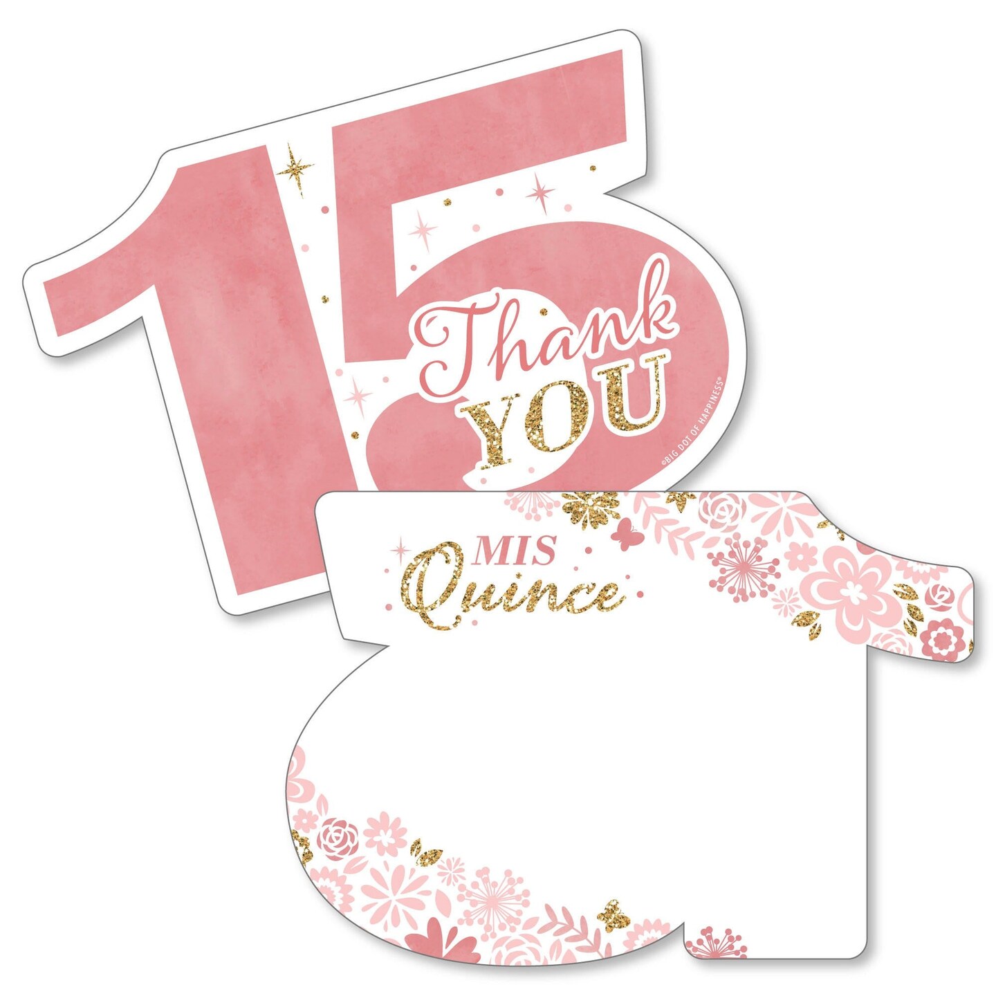Big Dot of Happiness Mis Quince Anos - Shaped Thank You Cards - Quinceanera Sweet 15 Birthday Party Thank You Note Cards with Envelopes - Set of 12