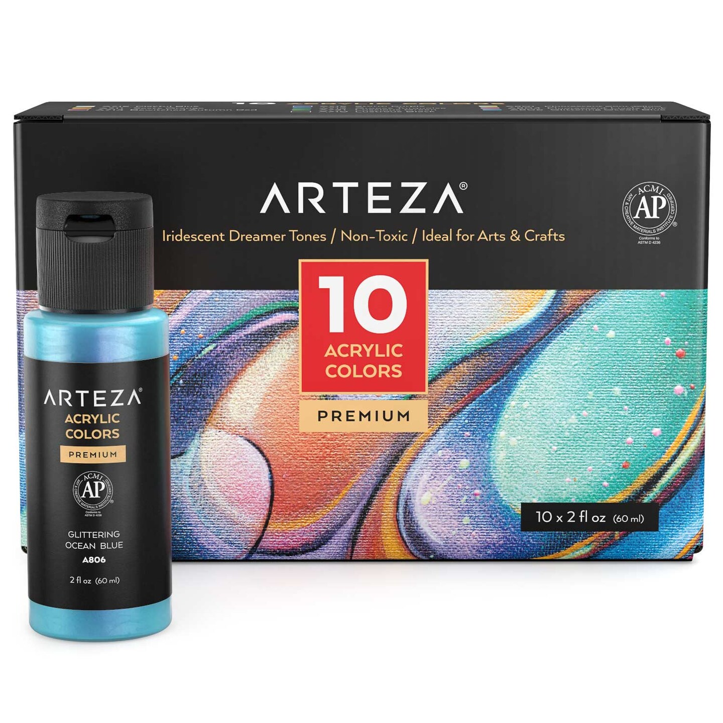 Arteza Iridescent Acrylic Paint, Dreamer Tones, 60 ml Bottles Set- 10 Pack