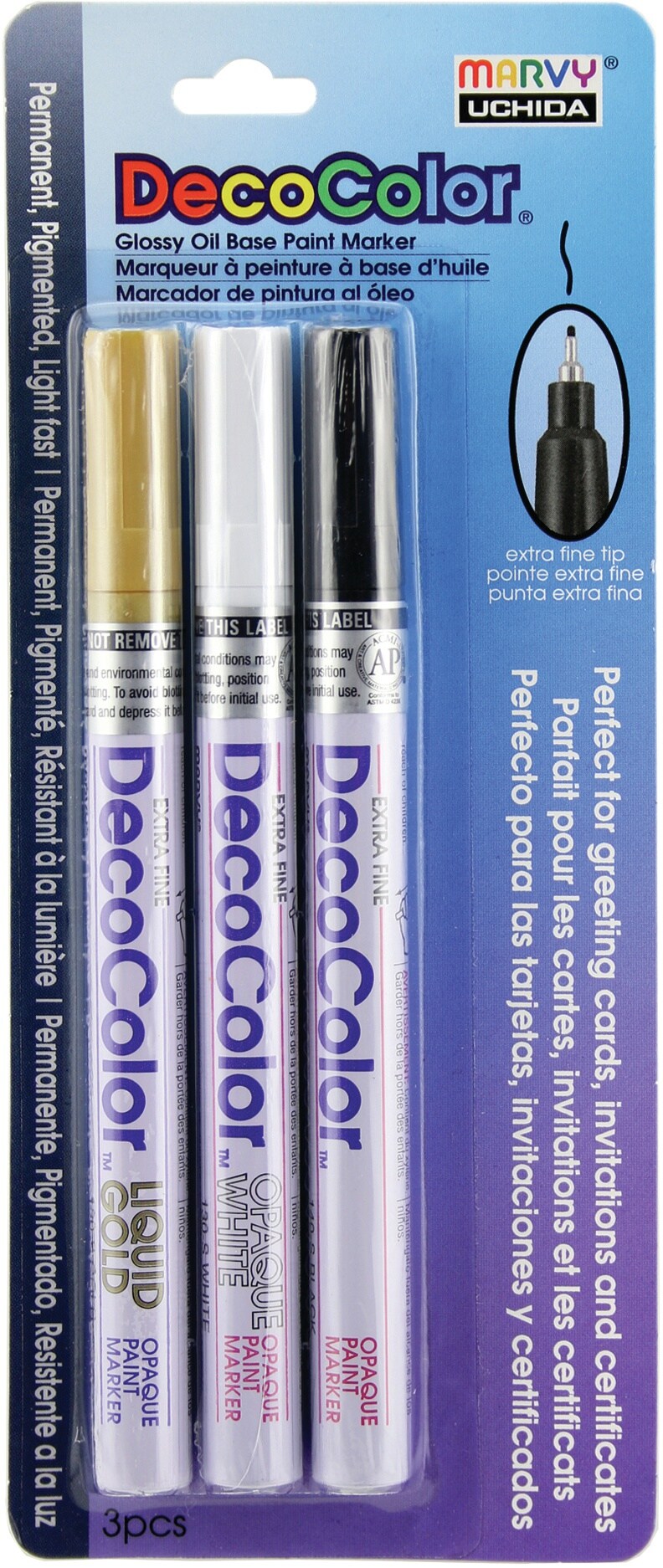 Uchida DecoColor Extra Fine Tip Markers 3/Pkg-White, Gold & Black