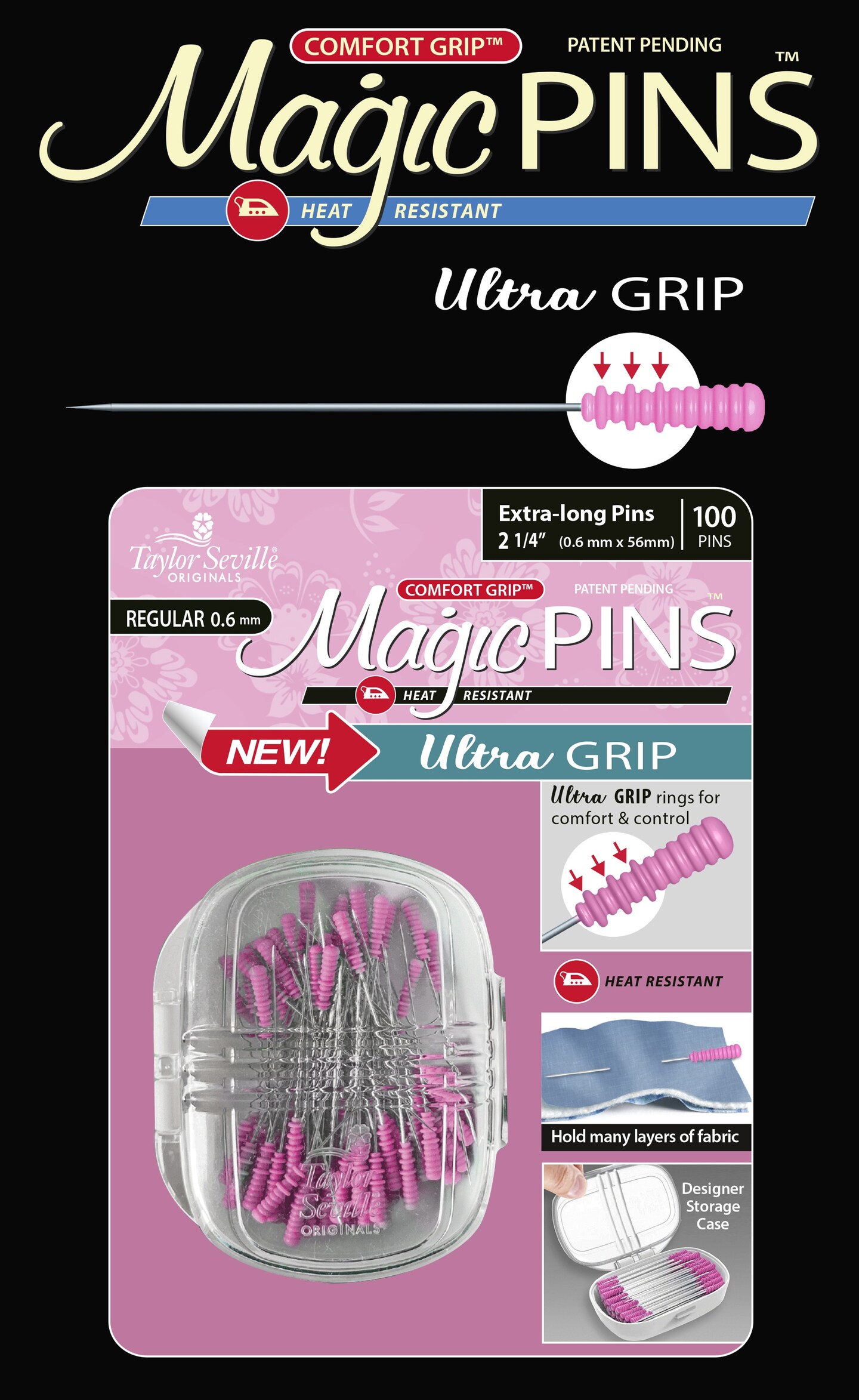 Taylor Seville Magic Pins - Ultra Grip Extra Long Regular-Pink 100/Pkg