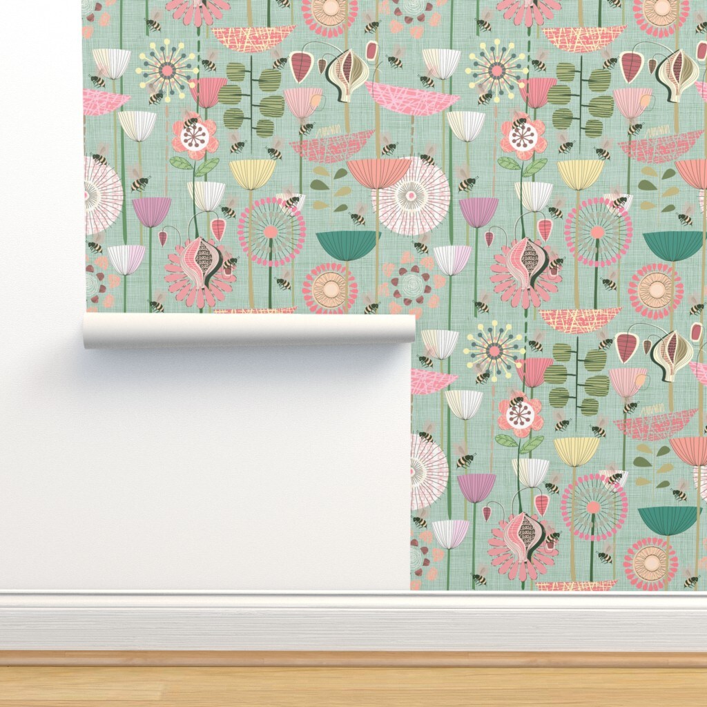 Bees Fly Pastel White Green Flowers Pink Large Atomic Style Mint Modern Custom Removable Wallpaper by Spoonflower Peel & Stick Wallpaper 2FT Wide
