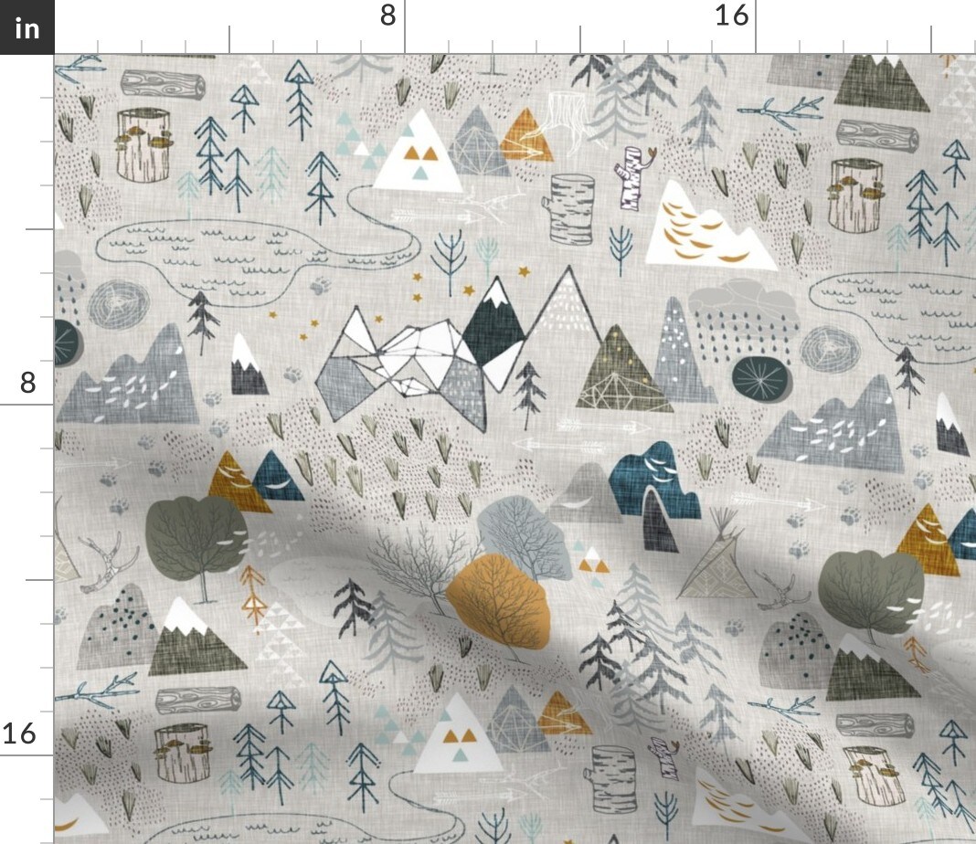 Woodland Forest Woods Wilderness Adventure Explore Gray Mustard Blue Custom Printed Fabric by Spoonflower Various Fabrics by the Yard or Fat Quarter