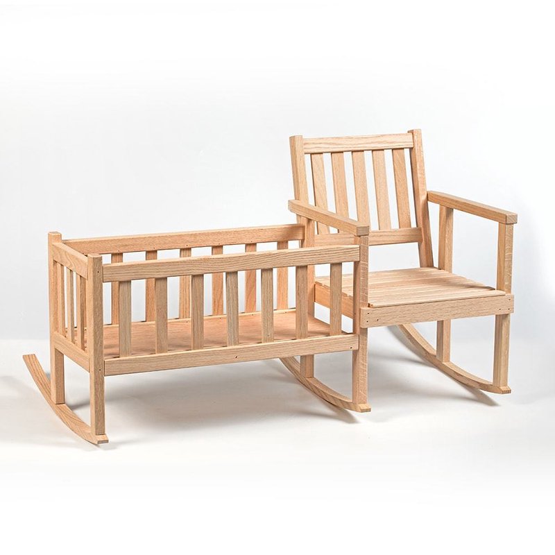 Eli &#x26; Mattie Wooden Rocker and Cradle - Amish Made Handcrafted for 18 inch Dolls, Smooth Unfinished Oak