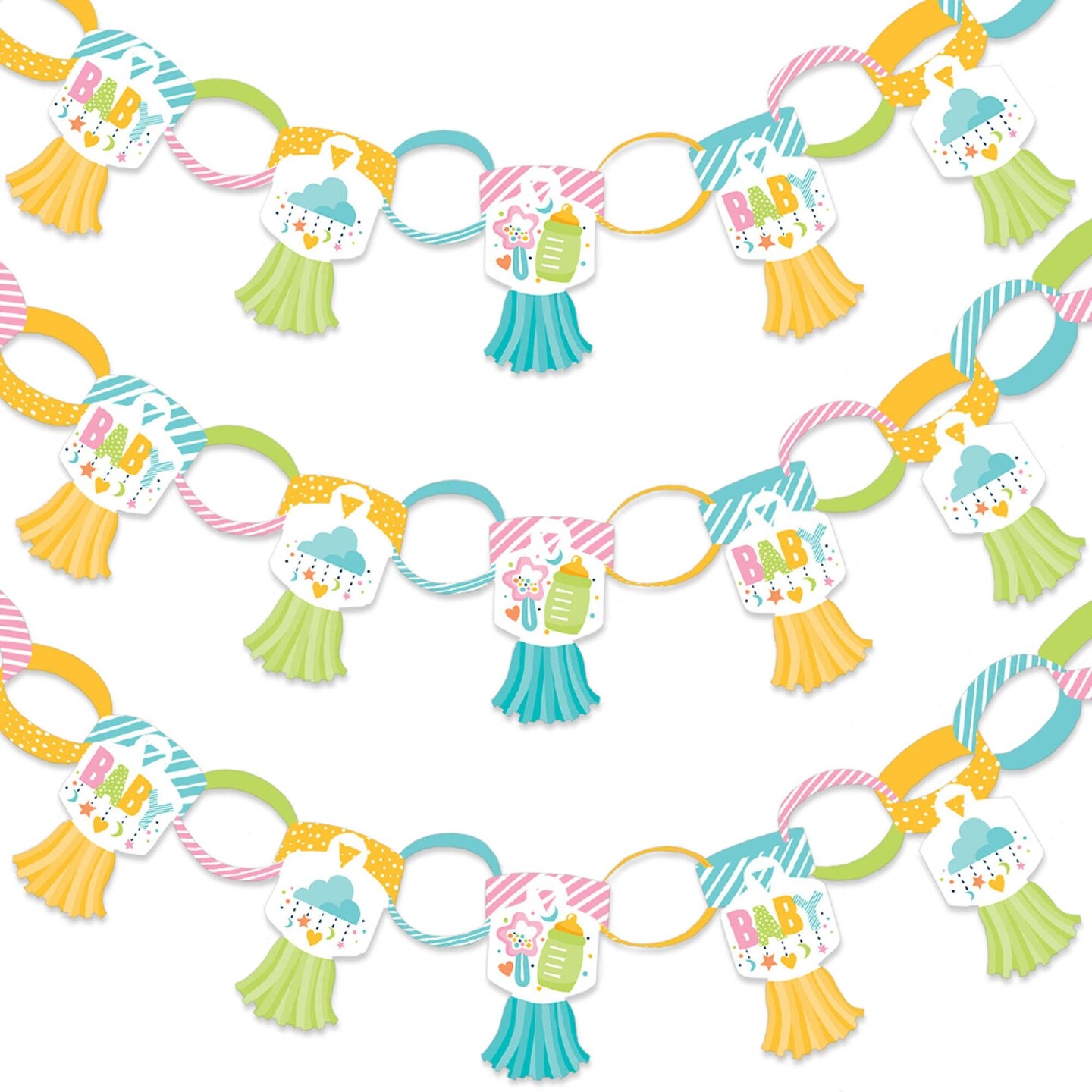 Big Dot of Happiness Colorful Baby Shower - 90 Chain Links and 30 Paper Tassels Decoration Kit - Gender Neutral Party Paper Chains Garland - 21 feet