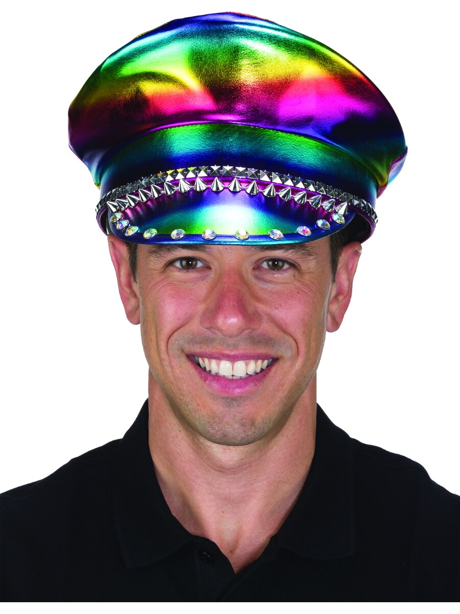 Rainbow Vinyl Military Hat With Studs And Jewels Costume Accessory
