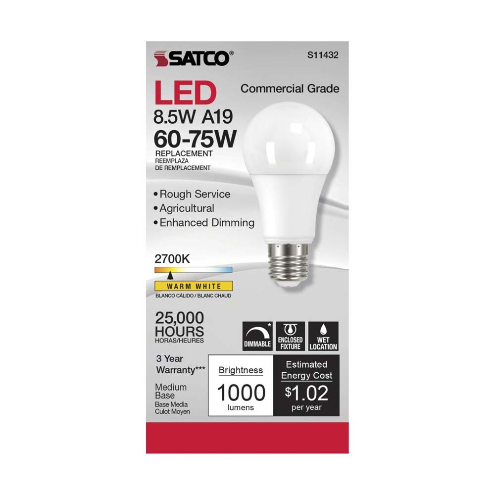 Satco 8.5w A19 LED Commercial Grade Agriculture Bulb 2700K 120v - 75w-equiv