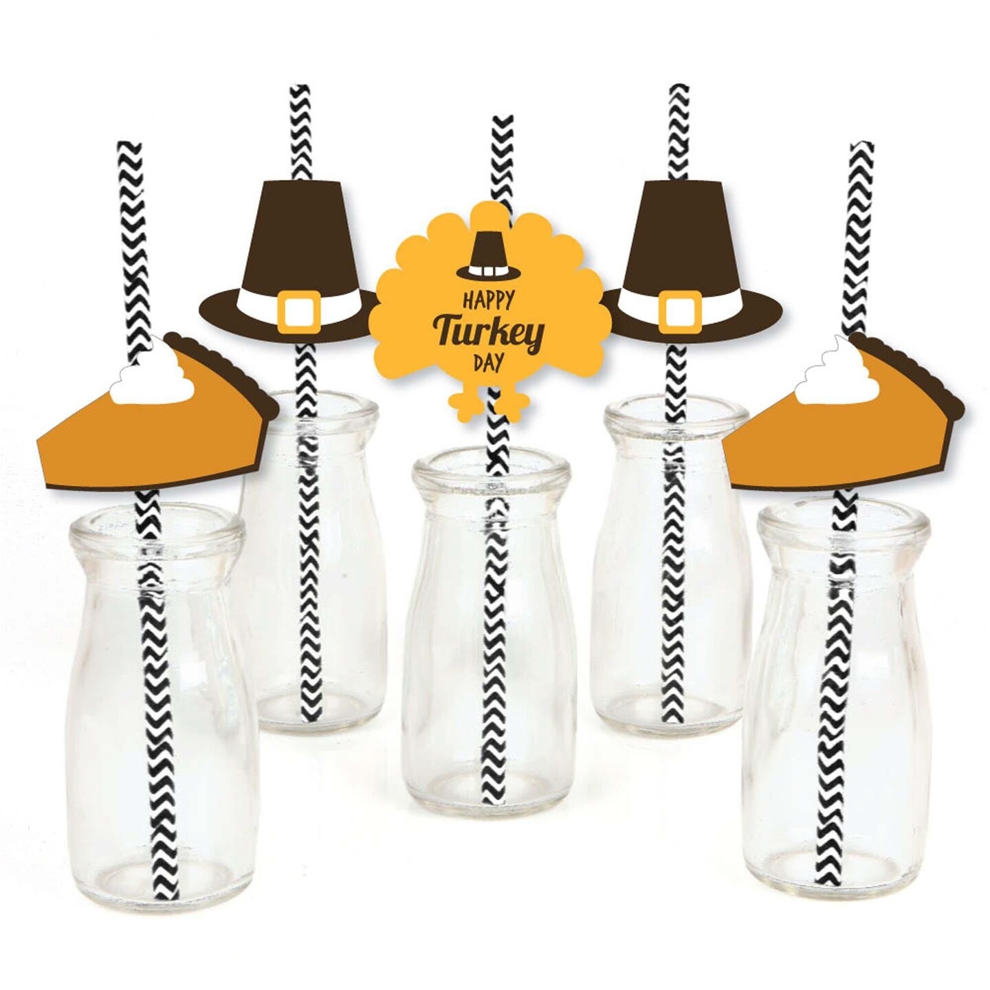 Big Dot of Happiness Happy Turkey Day Paper Straw Decor - Thanksgiving Striped Decorative Straws - Set of 24