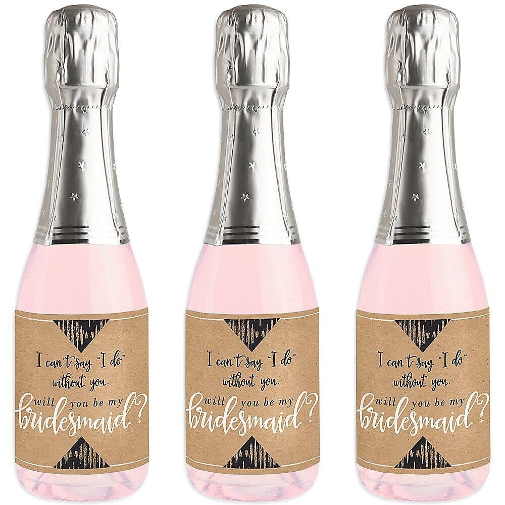 Big Dot of Happiness Rustic Kraft - Mini Wine and Champagne Bottle Label Stickers - Will You Be My Bridesmaid Gift for Women and Men - Set of 16