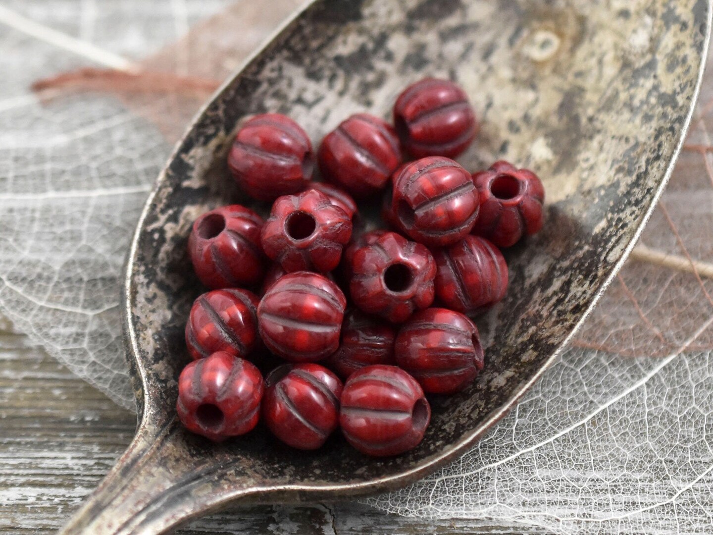 *20* 8mm Bronze Washed Ruby Red Large Hole Melon Beads