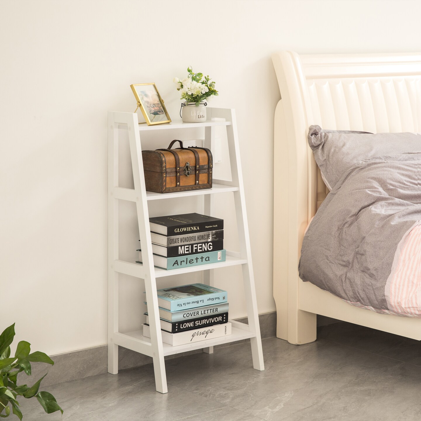 Decorative White Wooden Modern 4-Tier Ladder Bookshelf, Flower and Plant Display