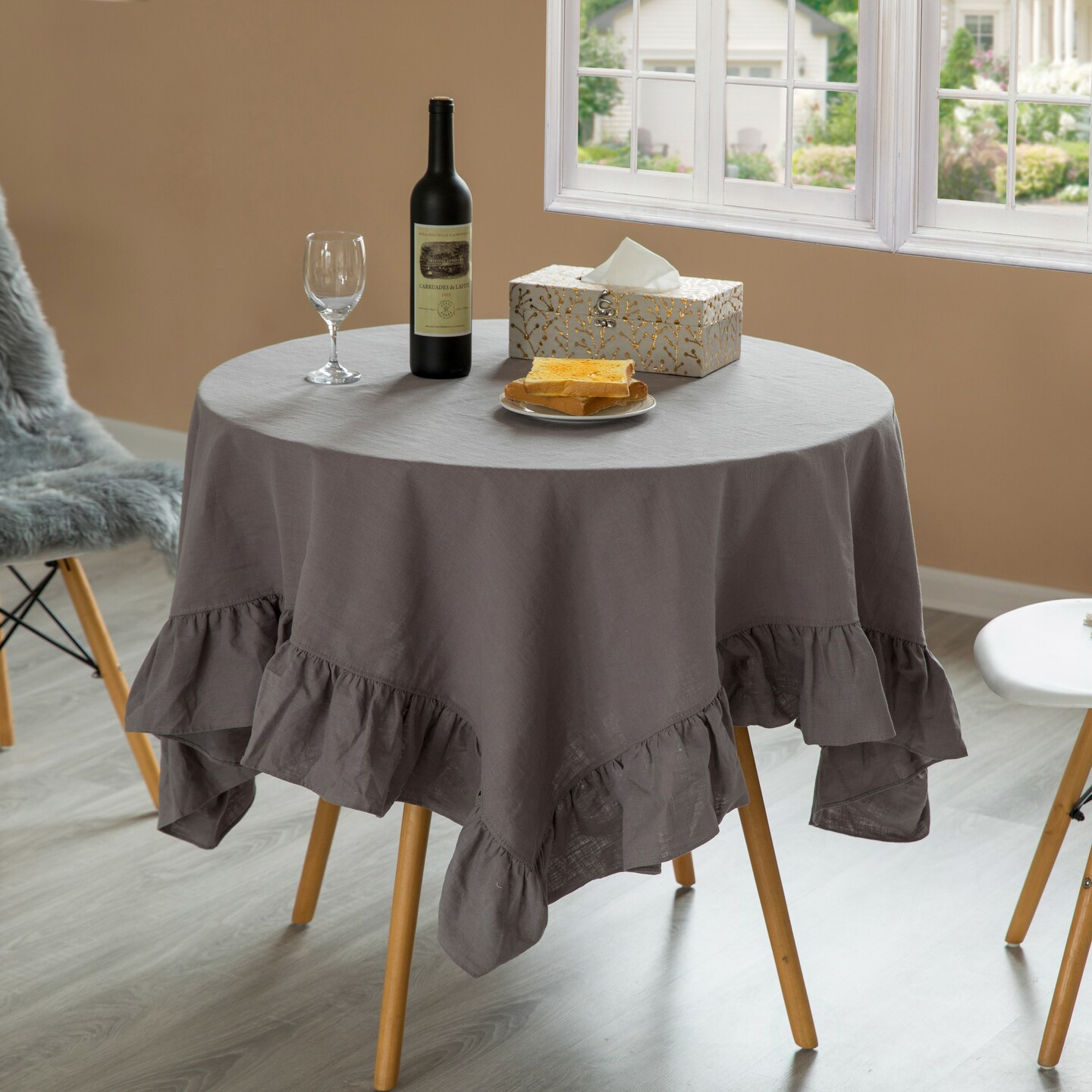 Deerlux 100% Pure Linen Washable Tablecloth with Ruffle Trim