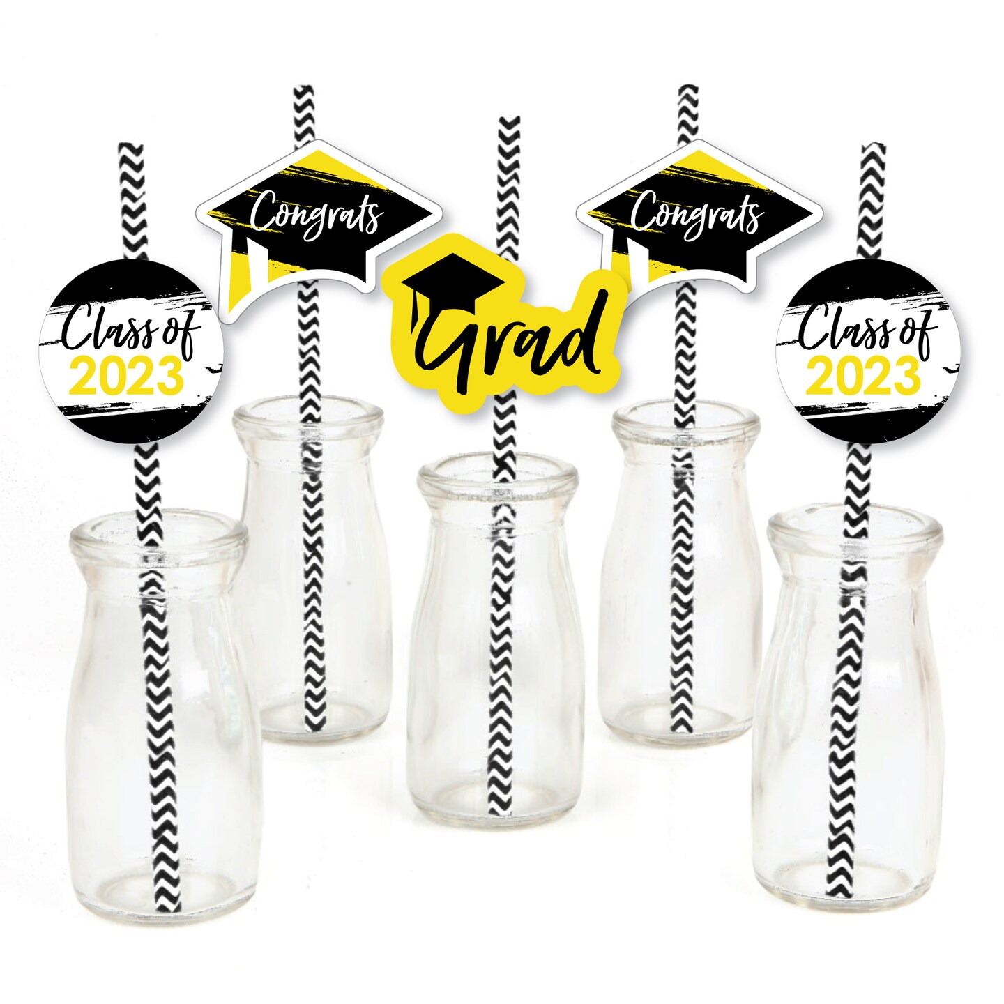 Big Dot of Happiness Yellow Grad - Best is Yet to Come - Paper Straw Decor - Yellow 2023 Graduation Party Striped Decorative Straws - Set of 24