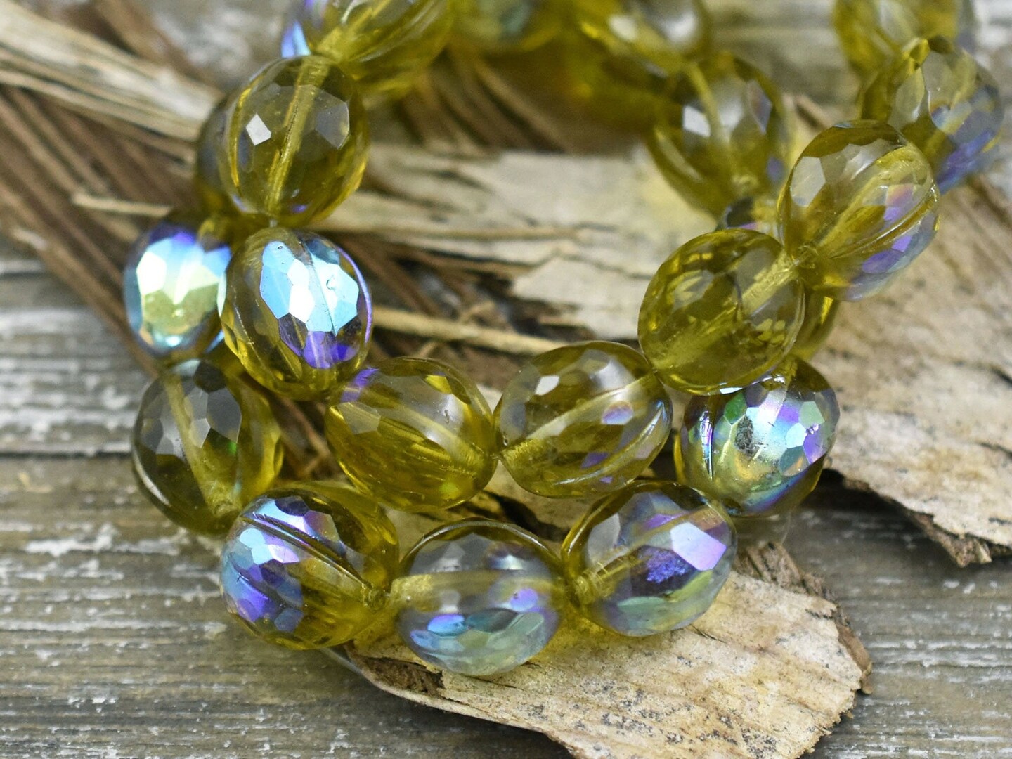 *10* 10mm Olive Green AB Faceted Round Melon Beads