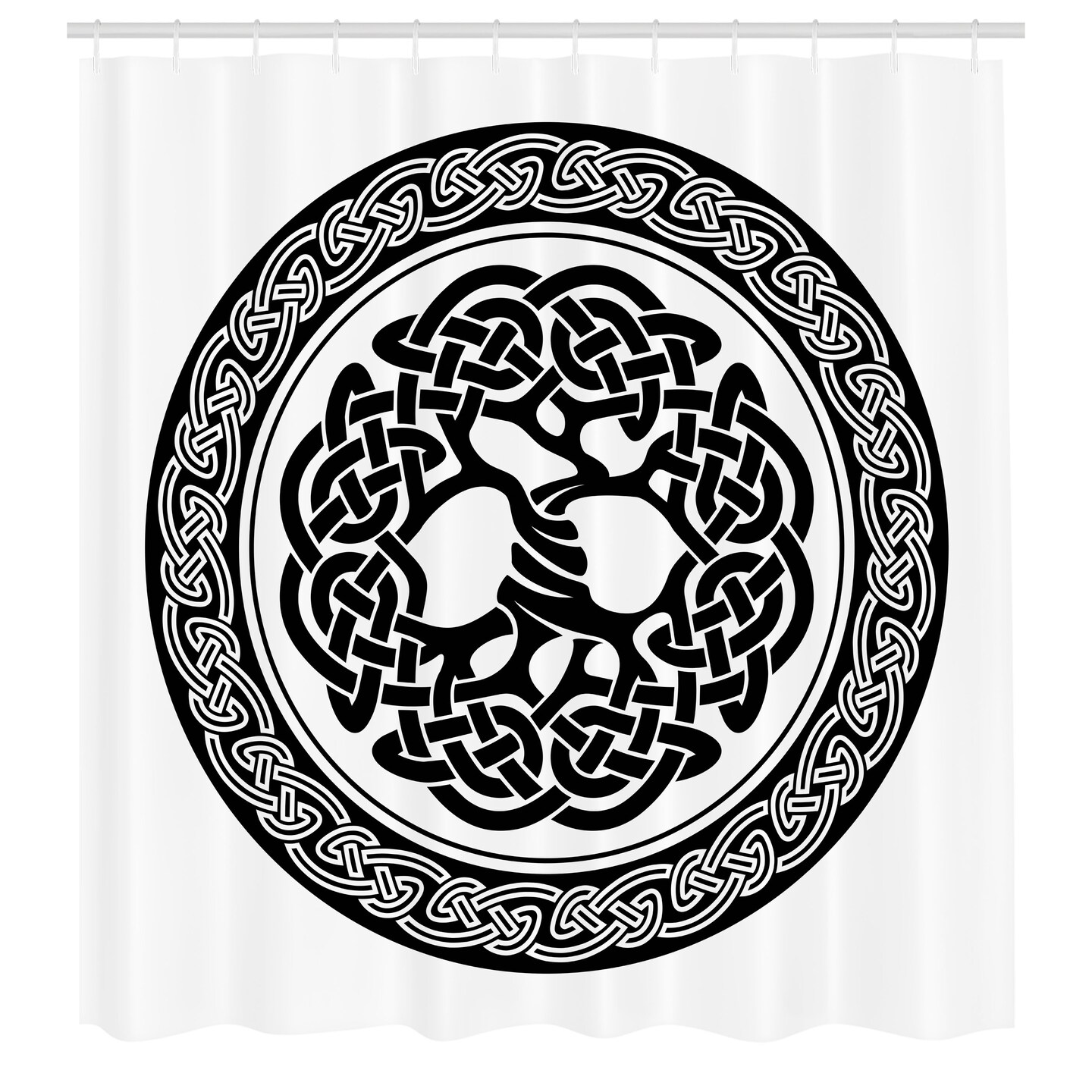 Ambesonne Celtic Shower Curtain, Native Celtic Tree of Life Ireland Early Renaissance Modern Design, Cloth Fabric Bathroom Decor Set with Hooks, 69&#x22; W x 75&#x22; L, Black White