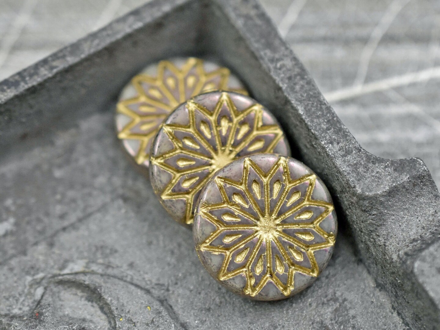 *2* 18mm Gold Finished Purple Luster Washed Opaque Beige Star Flower Coin Beads