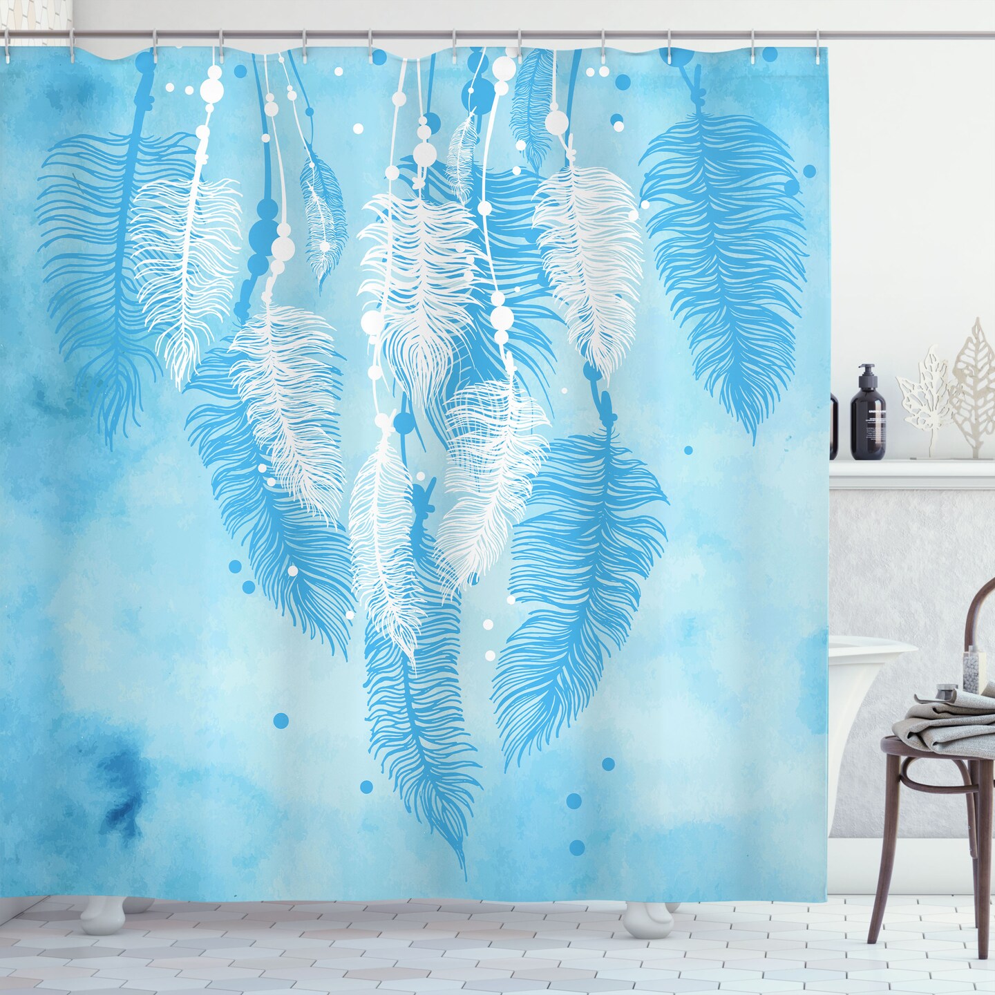 Ambesonne Tribal Shower Curtain, Watercolors Style Digital Made Feather  Hanging Down in Picture Aztec, Cloth Fabric Bathroom Decor Set with Hooks,  69 W x 70 L, Blue White