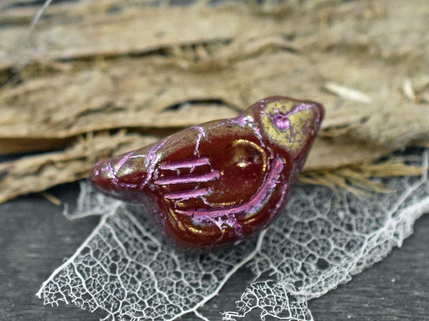 *2* 11x22mm Metallic Pink Washed Golden Opaque Red Bird Beads