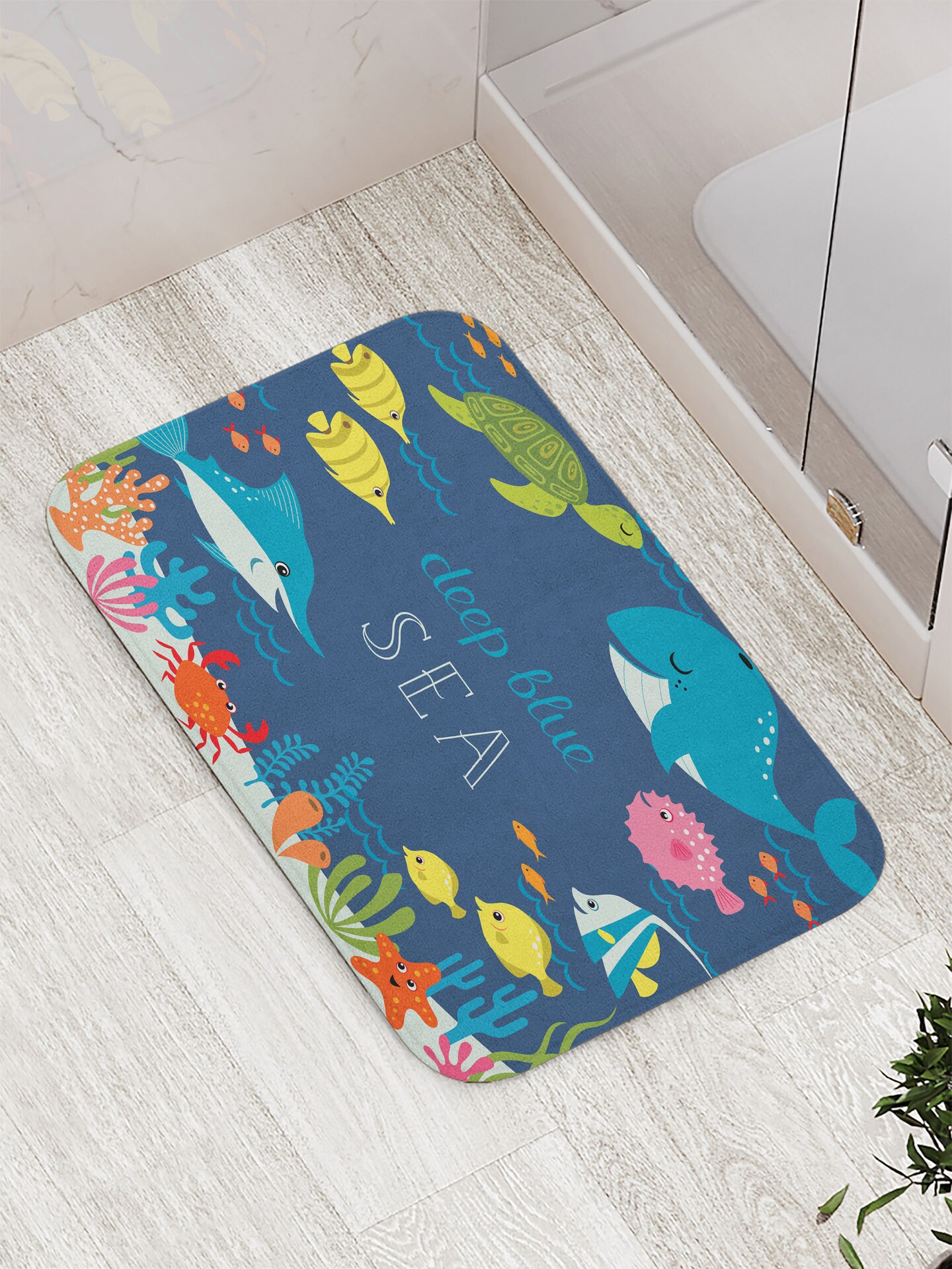 Ambesonne Cartoon Bath Mat, Underwater Graphic Algaes Coral Reefs Turtles Fishes The Life Aquatic, Plush Bathroom Decor Mat with Non Slip Backing, 29.5&#x22; X 17.5&#x22;, Navy Green