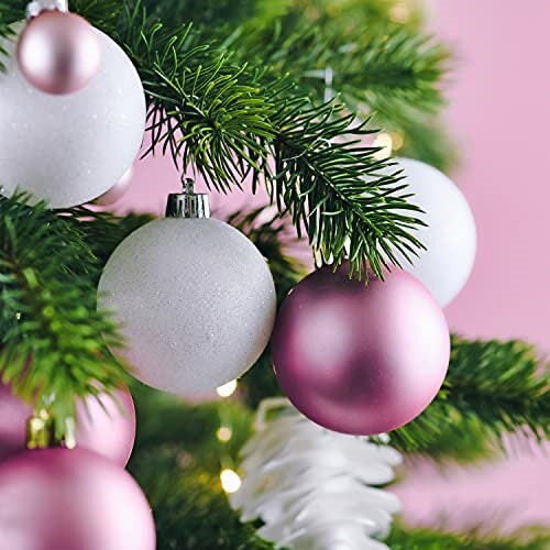 R N&#x27; D Toys 100 Pink and White Christmas Ornament Balls Shatterproof + 100 Metal Ornament Hooks, Hanging Ornaments for Indoor/Outdoor Christmas Tree, Holiday Party, Home D&#xE9;cor
