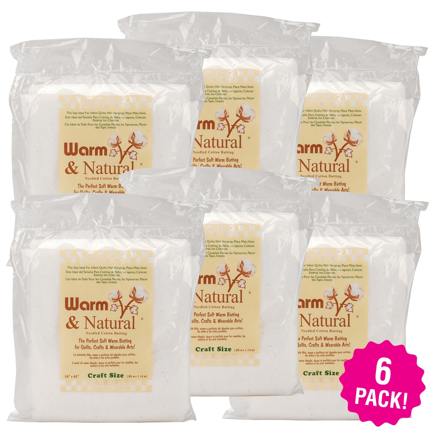 Multipack of 6 - Warm Company Warm &#x26; Natural Cotton Batting-Craft Size 34&#x22;X45&#x22;