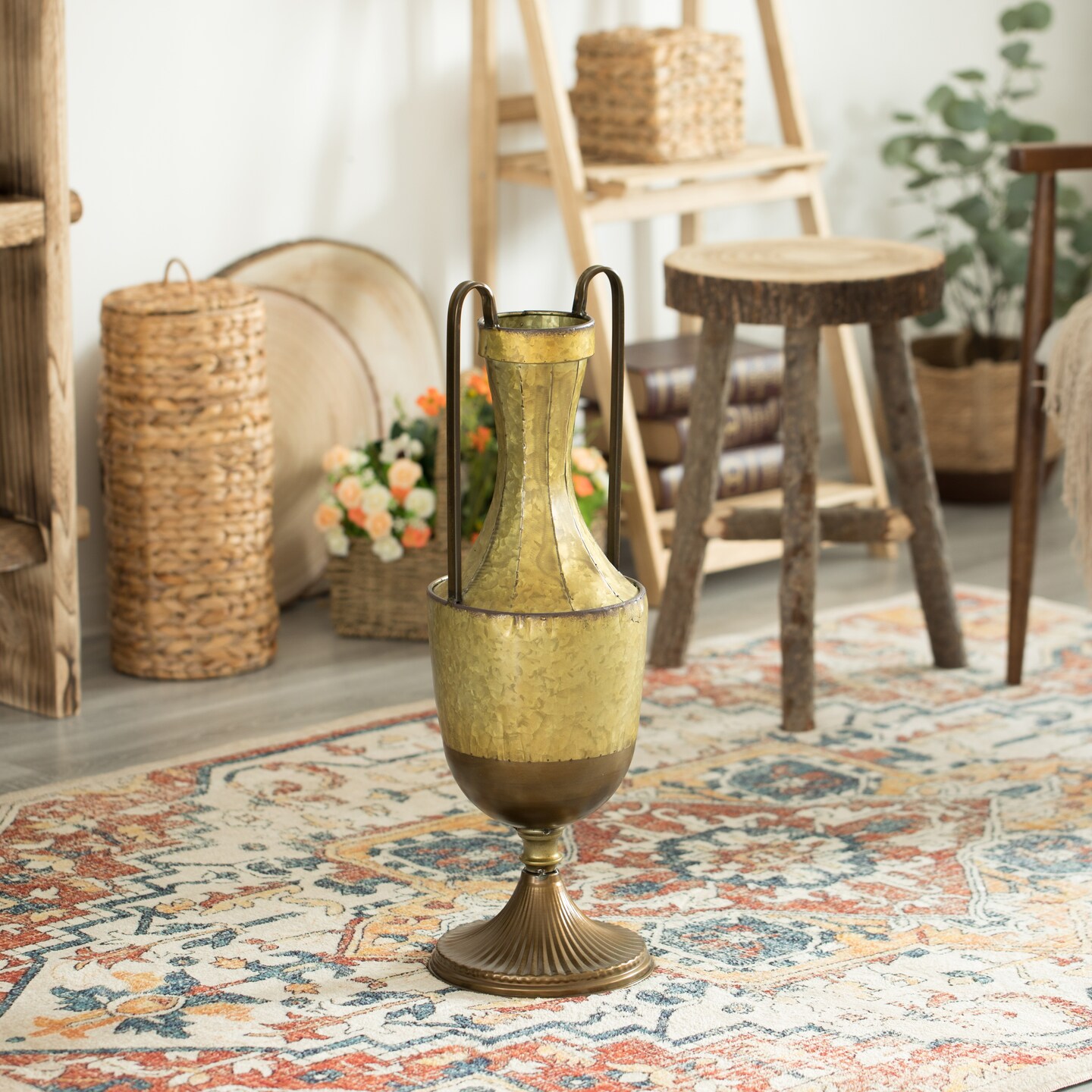 Decorative Antique Style Metal Jug Floor Vase with 2 Handles - Vintage Inspired Rustic Design for Entryway, Living Room, or Dining Room - Tall Elegant Home Decor Accent - Classic Metal Vase