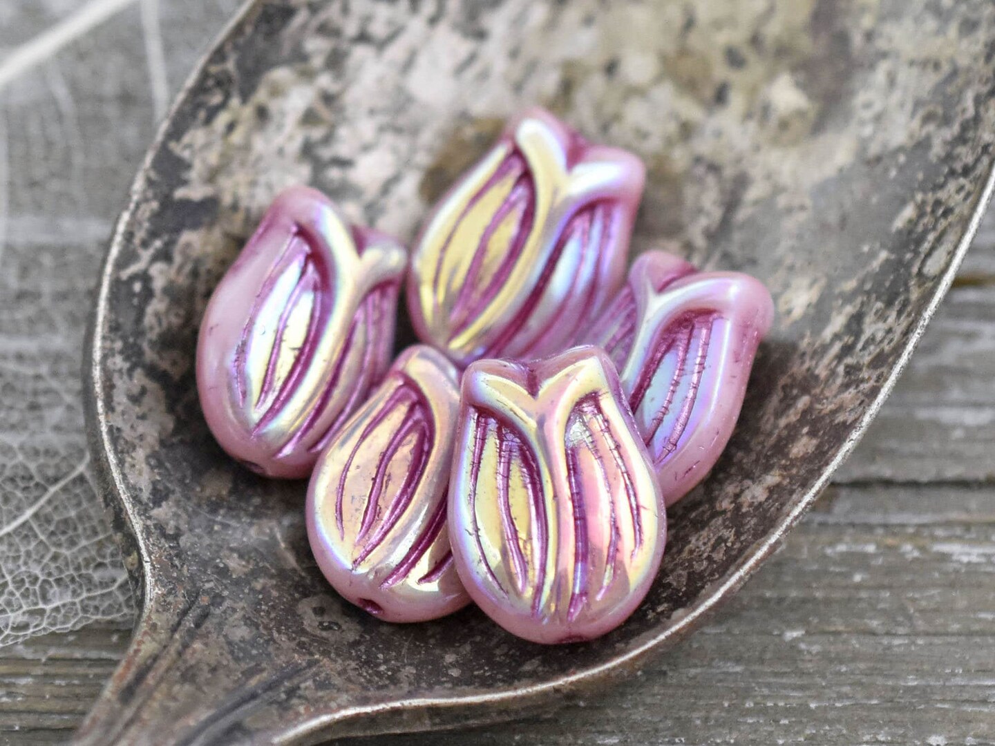 *6* 16x11mm Pink Washed Pink AB Tulip Beads