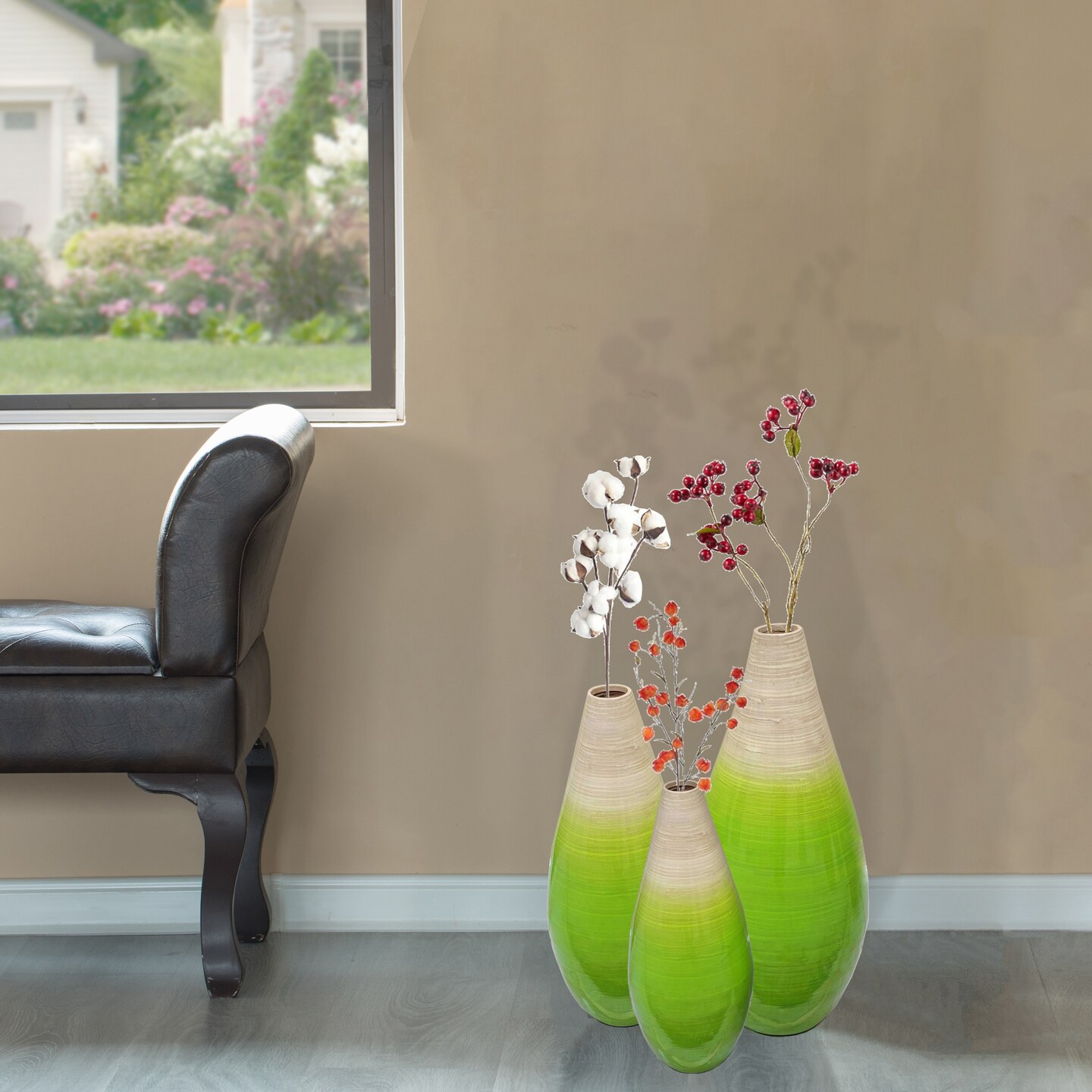 Contemporary Bamboo Floor Flower Vase Tear Drop Design for Dining, Living Room, Entryway Decoration Fill It with Dried Branches or Flowers, Green