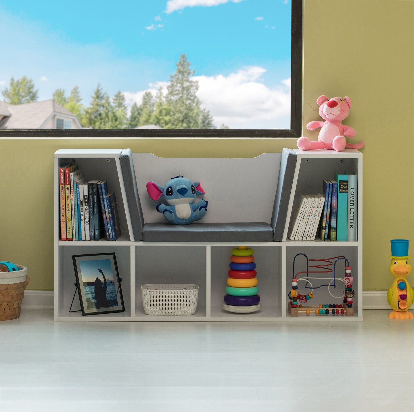 Modern MultiPurpose Bookshelf with Storage Space and Gray Cushioned