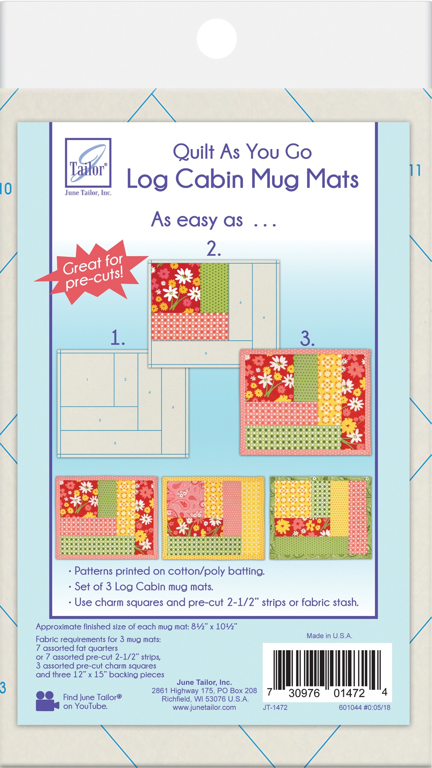 June Tailor Quilt As You Go Log Cabin Mug Mats 3/Pkg-Finished Size 8.5"X10.5"