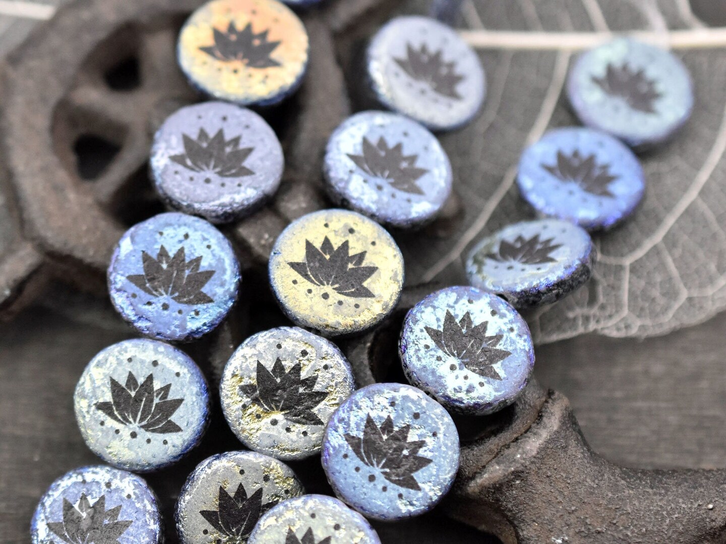 *4* 14mm Jet AB Acid Etched Lotus Flower Coin Beads