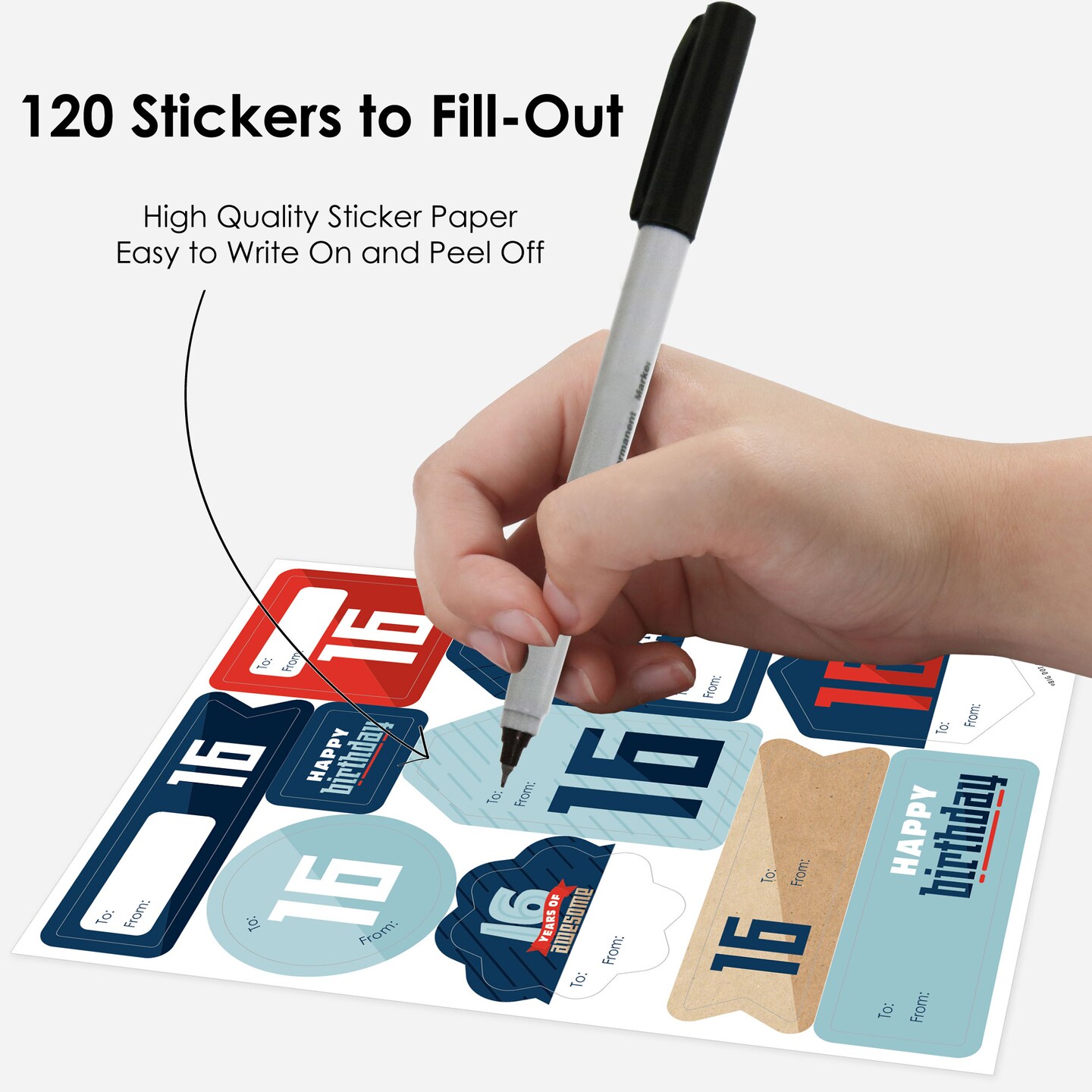 Big Dot of Happiness Boy 16th Birthday - Assorted Sweet Sixteen Birthday Party Gift Tag Labels - To and From Stickers - 12 Sheets - 120 Stickers