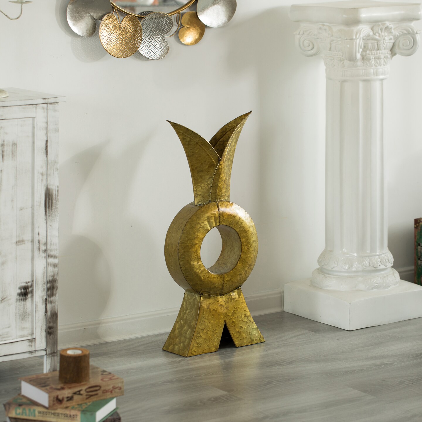 Unique Style Galvanized Gold Metal Design Large Floor Vase for Entryway, Living Room or Dining Room, 28 inTall Rustic Iron Home Decor Accent with Distressed Finish - Vase for Flowers, Branches, or Greenery