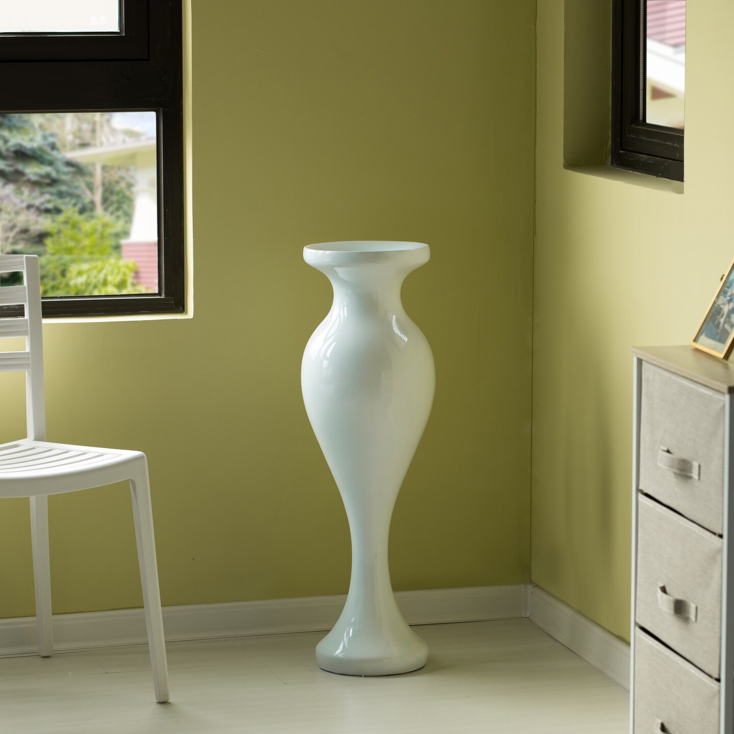Decorative Large White Trumpet Design Modern Flower 32 Inch Tall Floor Vase - Contemporary Home Decor Accent for Living Room, Entryway, or Dining Room - Statement Piece with Versatile Styling Options