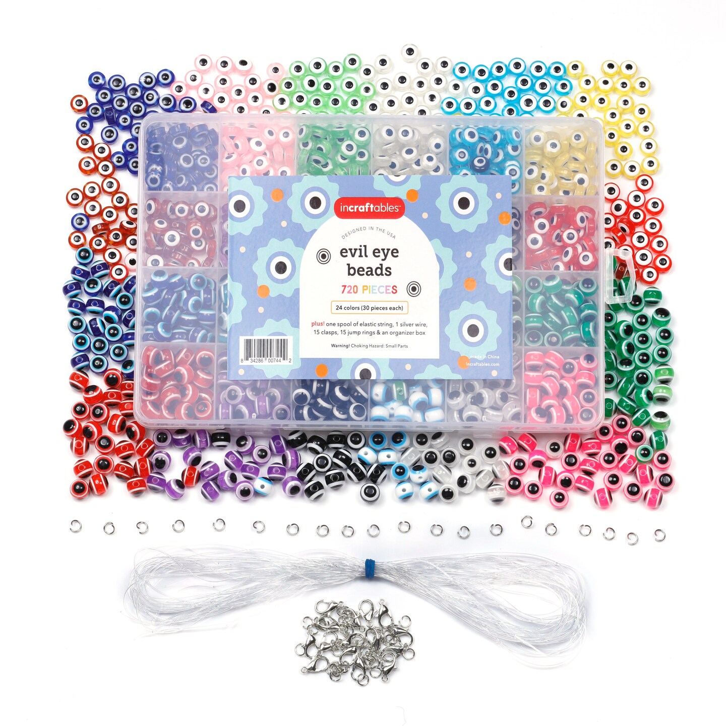 Incraftables Evil Eye Beads for Jewelry Making (24 colors). Best Evil Eye Bracelets kit (720pcs). Round Evil Eye Glass Beads for DIY Charms &#x26; Necklace for Kids &#x26; Adults with Elastic String &#x26; Clasps