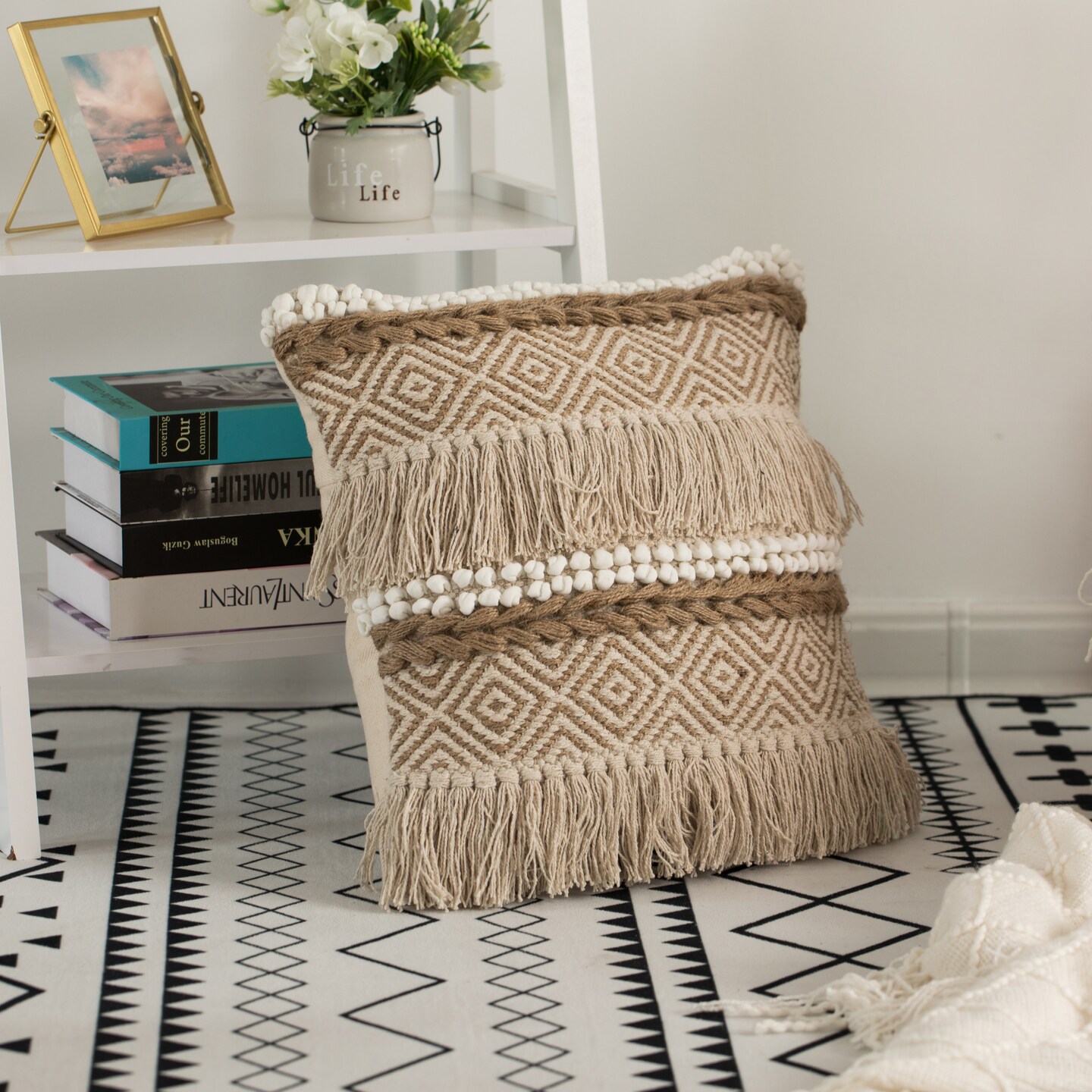 16&#x22; Decorative Handwoven Cotton Throw Pillow Cover with Embossed Dots