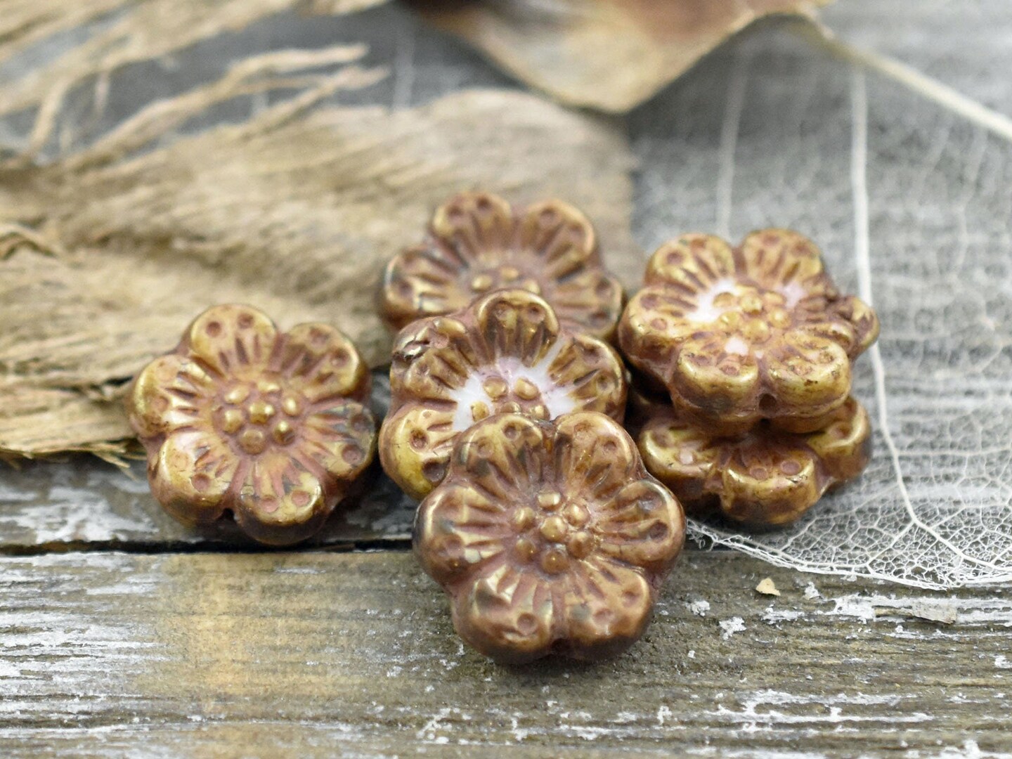 *6* 14mm Opaque Goldstone Luster Wildflower Beads