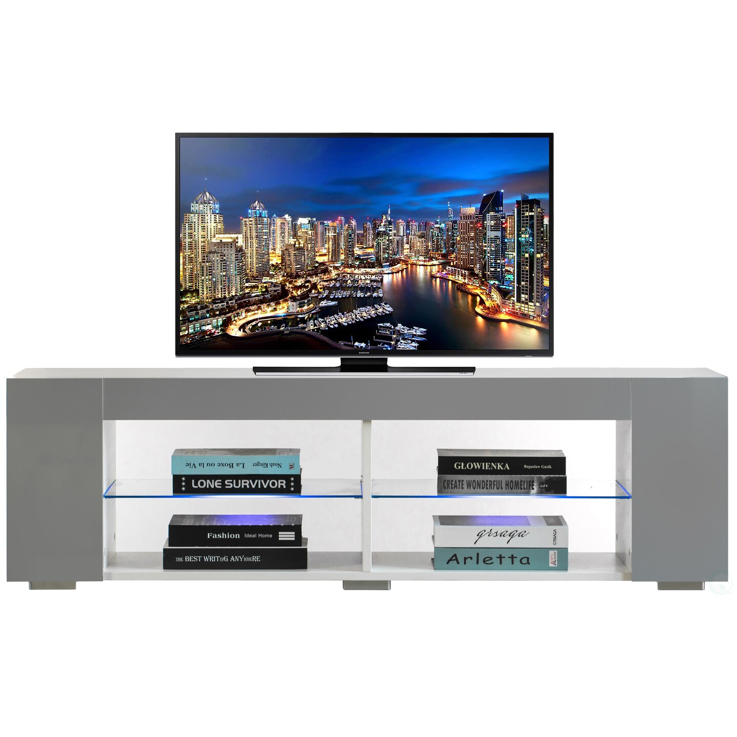 White Entertainment TV Stand with LED Lights and Glass Shelves with UV Frame