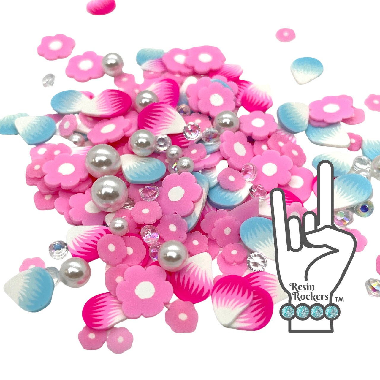 Blue & Pink Peacock Feathers and Flower Mega Mix Polymer Clay Snow Globe and Shaker Filler