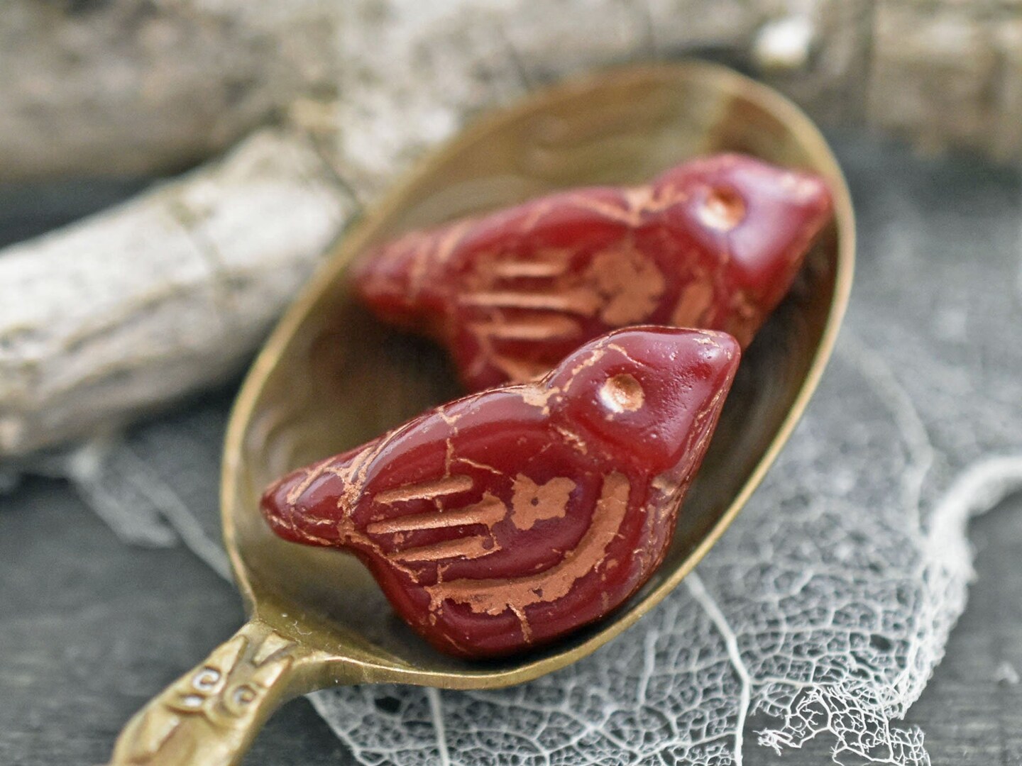*6* 11x22mm Copper Washed Ruby Red Bird Beads