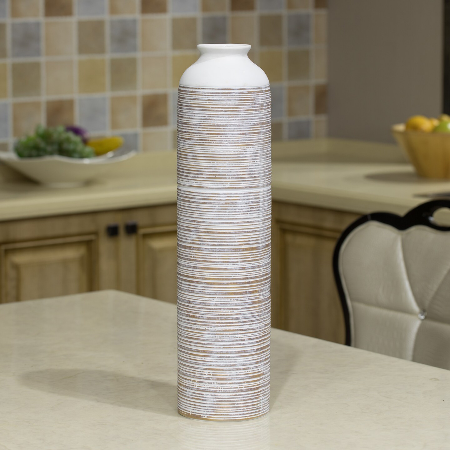 Contemporary Floor Vase - Ribbed 20-Inch-Tall Trumpet Style Ceramic White Table Vase - Modern Home Decor Accent for Entryway, Dining, or Living Room &#x2013; Elegant Sleek Design, Versatile Decoration Piece for Chic Interiors