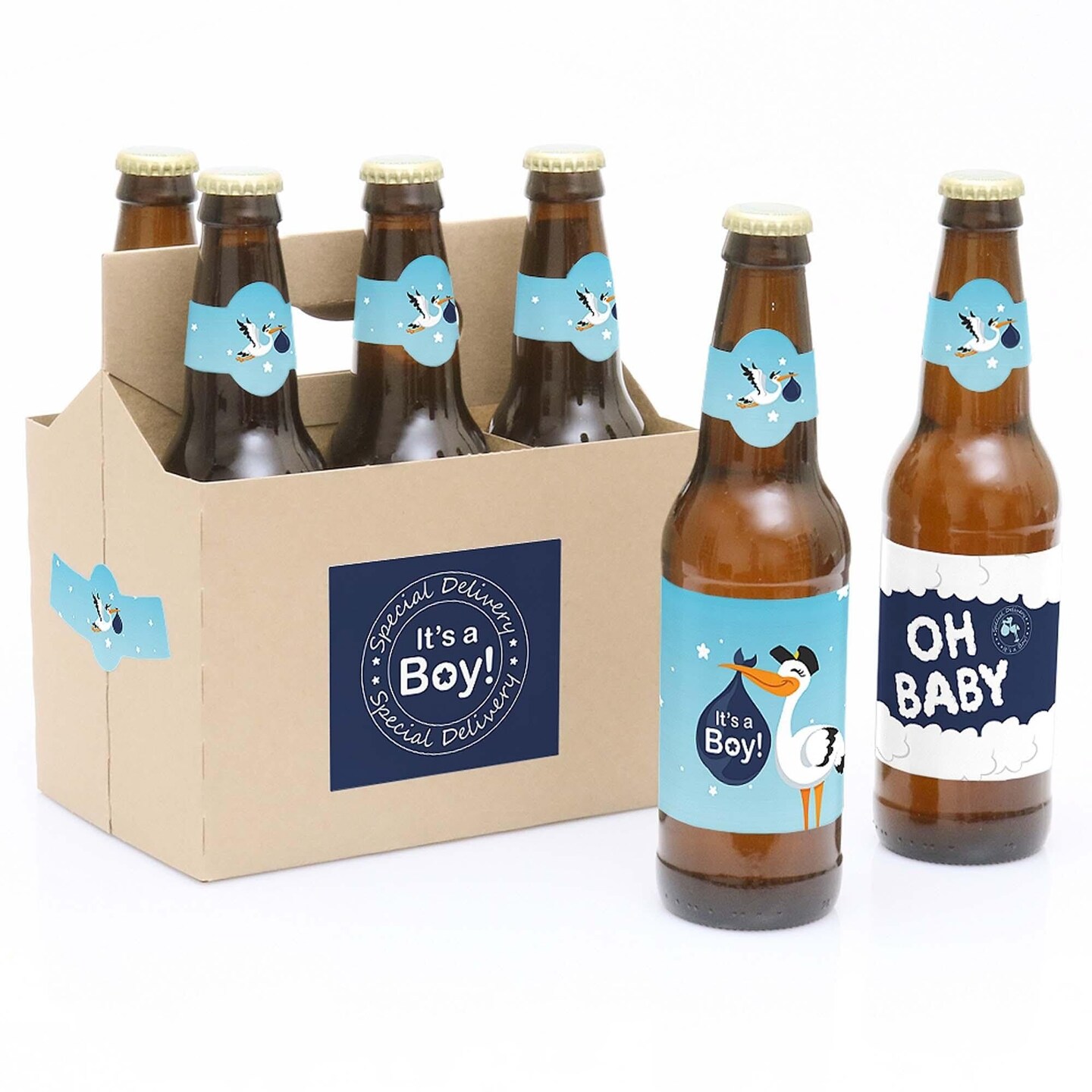 Big Dot of Happiness Boy Special Delivery - Blue It&#x27;s A Boy Stork Baby Shower Decorations for Women &#x26; Men - 6 Beer Bottle Label Stickers &#x26; 1 Carrier