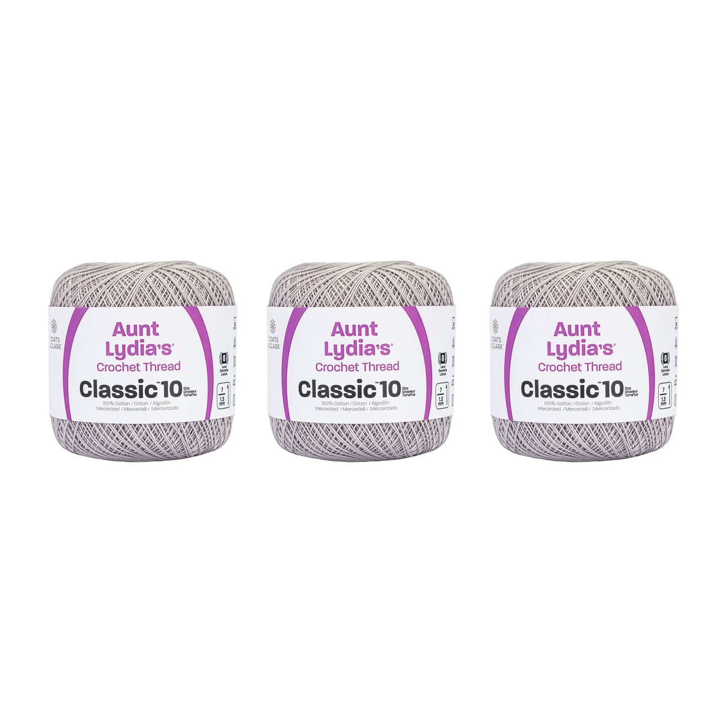 Aunt Lydia Classic Silver Crochet - 3 Pack of 350y/320m - Cotton - Gauge 10 - Crochet