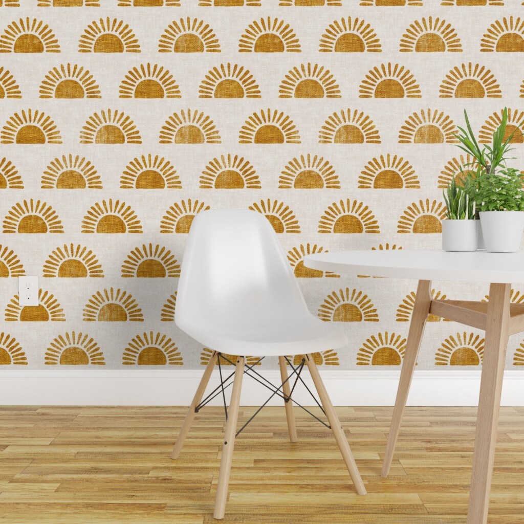 Peel &#x26; Stick Wallpaper 2FT Wide Boho Block Print Sun Sunshine In Golden Orange Custom Removable Wallpaper by Spoonflower