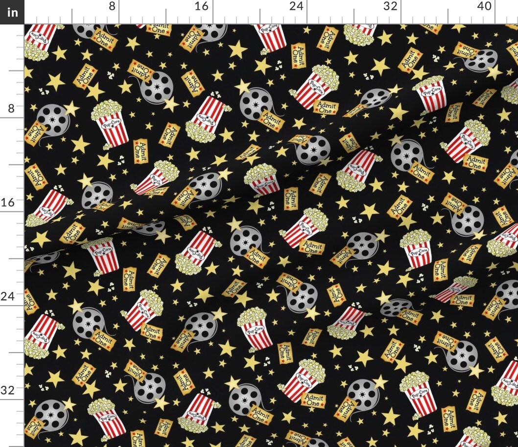 Various Fabrics by the Yard or Fat Quarter Vip Night Theater Popcorn Black Yellow Stars Red Gold Novelty Custom Printed Fabric by Spoonflower