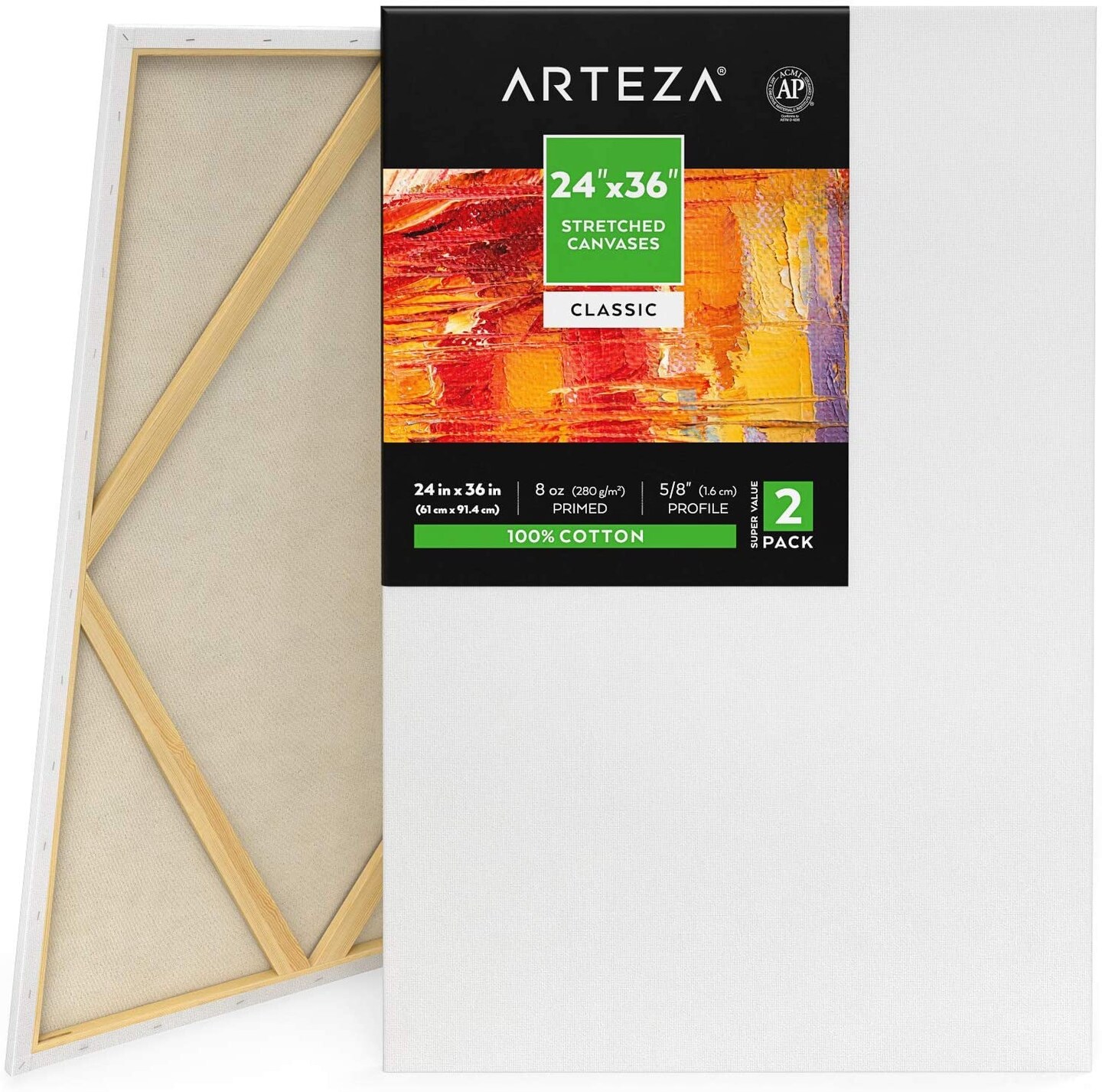 Arteza Stretched Canvas, Classic, White, 24"x36", Large Blank Canvas Boards for Painting-2 Pack